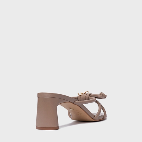 Open Mule Puffy Knot Salto Bloco Couro Bege Beaver