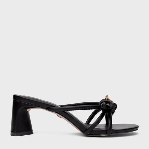 Open Mule Puffy Knot Salto Bloco Couro Preto