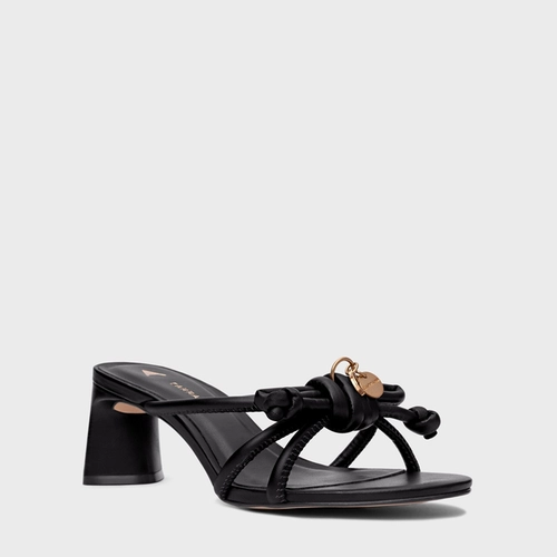 Open Mule Puffy Knot Salto Bloco Couro Preto