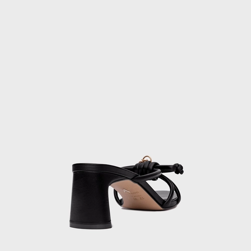 Open Mule Puffy Knot Salto Bloco Couro Preto
