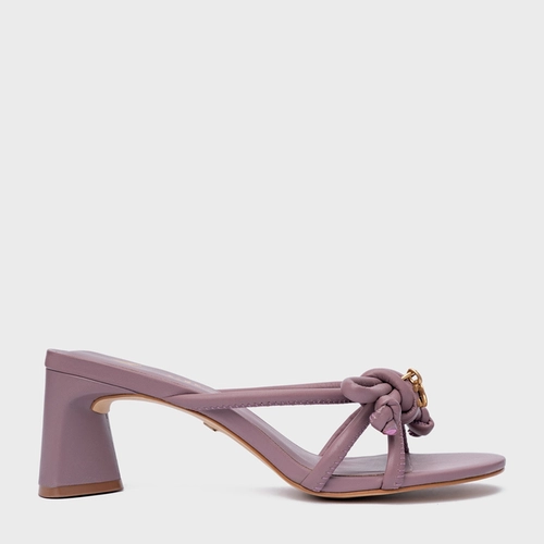 Open Mule Puffy Knot Salto Bloco Couro Roxo Dusty Mauve