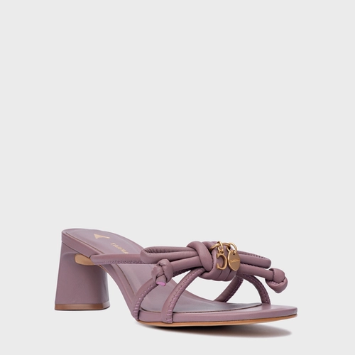 Open Mule Puffy Knot Salto Bloco Couro Roxo Dusty Mauve