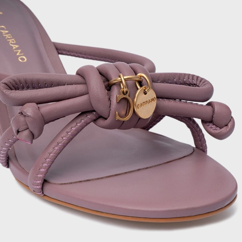 Open Mule Puffy Knot Salto Bloco Couro Roxo Dusty Mauve