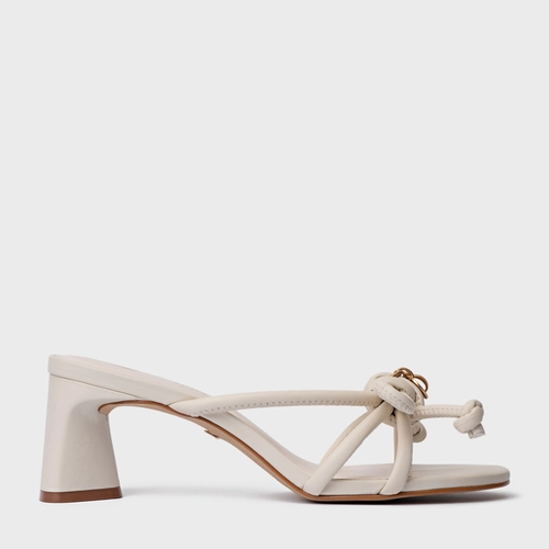 Open Mule Puffy Knot Salto Bloco Couro Off White Vanilla