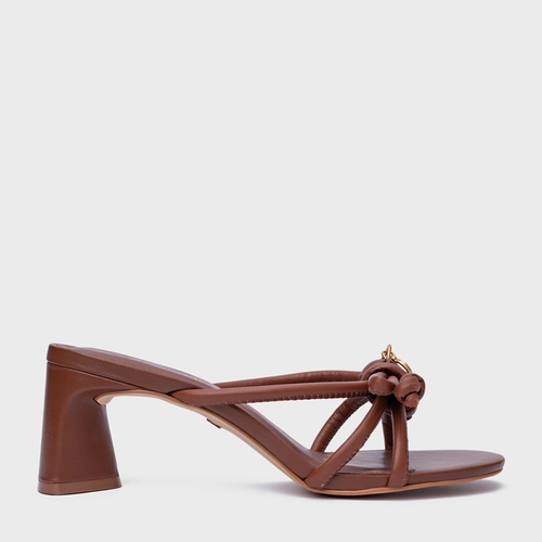 Open Mule Puffy Knot Salto Bloco Couro Marrom Walnut