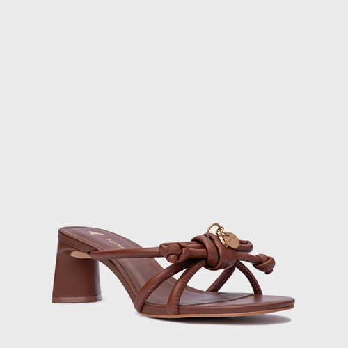 Open Mule Puffy Knot Salto Bloco Couro Marrom Walnut