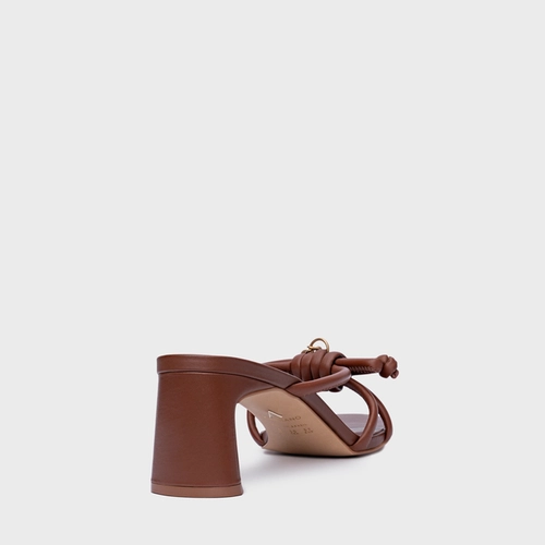 Open Mule Puffy Knot Salto Bloco Couro Marrom Walnut