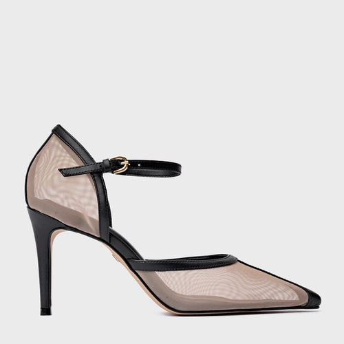 Scarpin Slingback Contraste Salto Fino Tela Preto