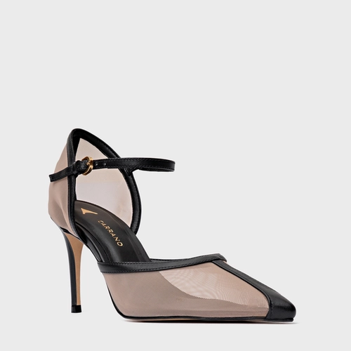 Scarpin Slingback Contraste Salto Fino Tela Preto