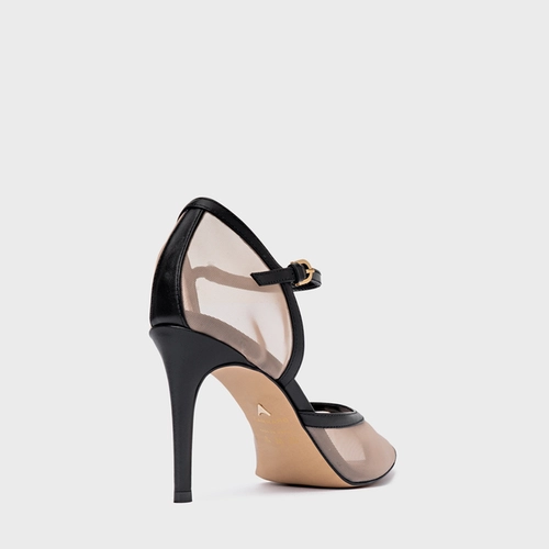 Scarpin Slingback Contraste Salto Fino Tela Preto