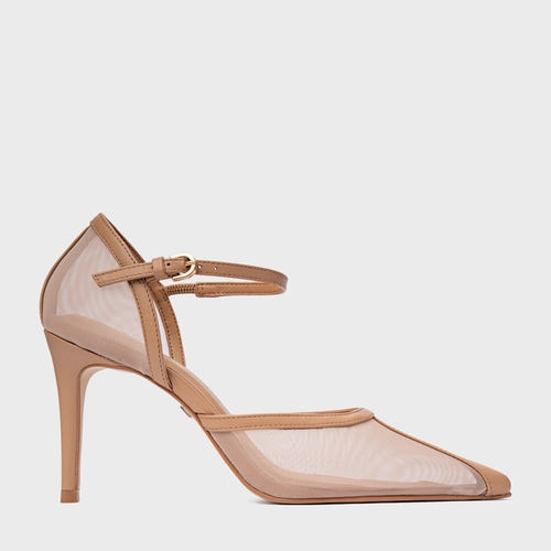 Scarpin Slingback Contraste Salto Fino Tela Marrom Cookie