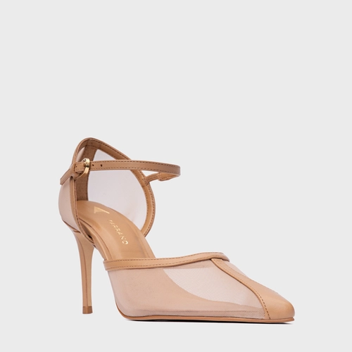 Scarpin Slingback Contraste Salto Fino Tela Marrom Cookie