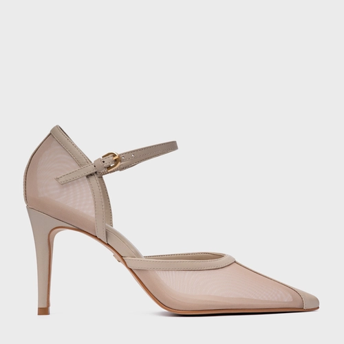 Scarpin Slingback Contraste Salto Fino Tela Bege Oatmeal