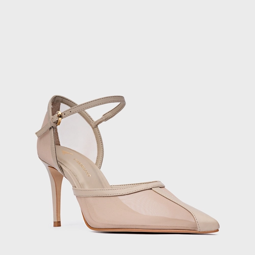 Scarpin Slingback Contraste Salto Fino Tela Bege Oatmeal