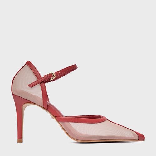 Scarpin Slingback Contraste Salto Fino Tela Vermelho Spice