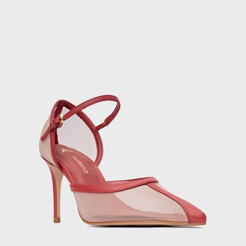 Scarpin Slingback Contraste Salto Fino Tela Vermelho Spice