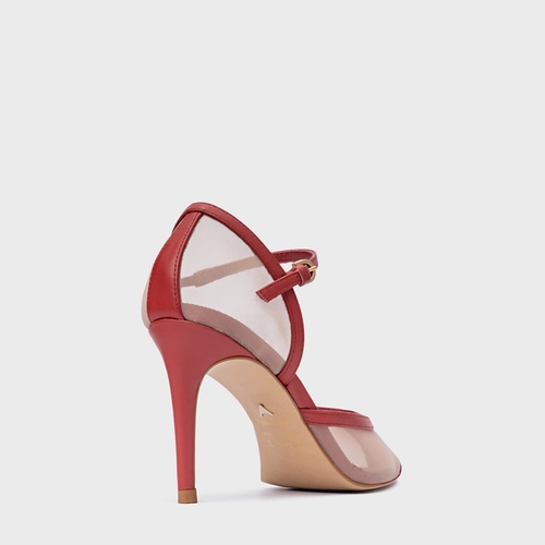 Scarpin Slingback Contraste Salto Fino Tela Vermelho Spice