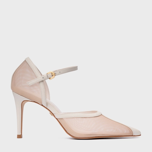 Scarpin Slingback Contraste Salto Fino Tela Off White Vanilla