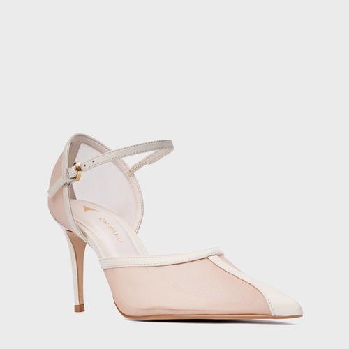 Scarpin Slingback Contraste Salto Fino Tela Off White Vanilla