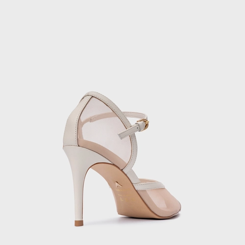 Scarpin Slingback Contraste Salto Fino Tela Off White Vanilla