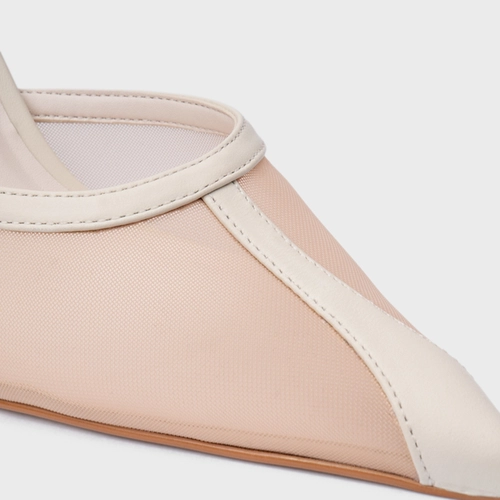 Scarpin Slingback Contraste Salto Fino Tela Off White Vanilla