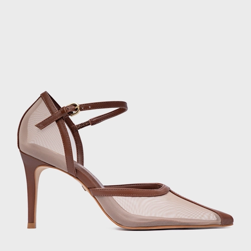 Scarpin Slingback Contraste Salto Fino Tela Marrom Walnut
