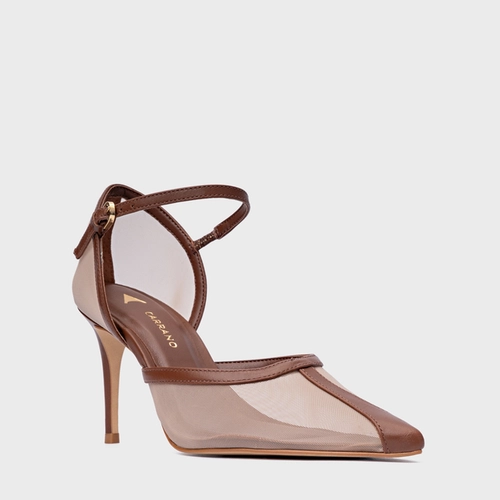 Scarpin Slingback Contraste Salto Fino Tela Marrom Walnut