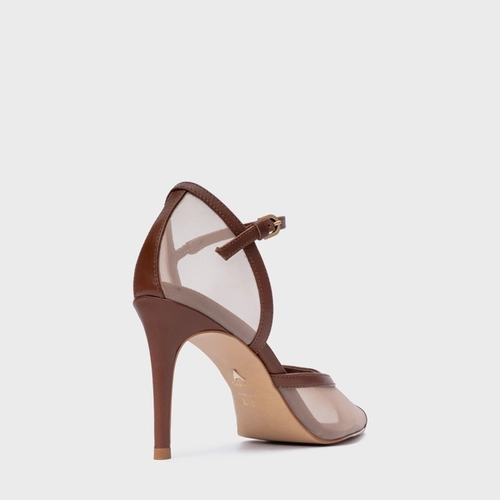 Scarpin Slingback Contraste Salto Fino Tela Marrom Walnut