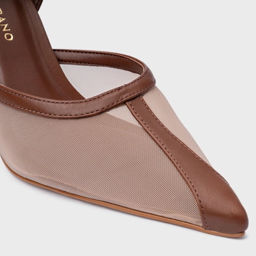 Scarpin Slingback Contraste Salto Fino Tela Marrom Walnut