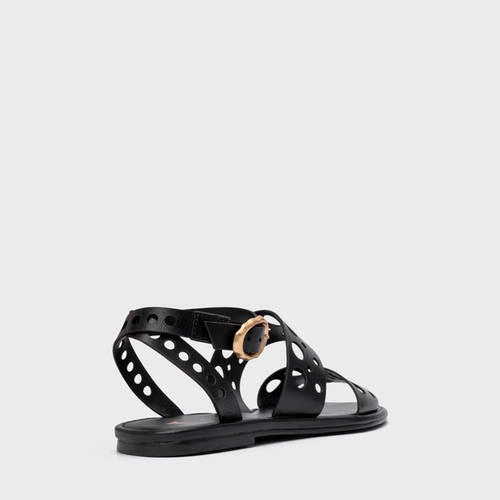 Sandália Flat Cutout Couro Preto