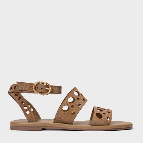 Sandália Flat Cutout Couro Suede Bege Almond