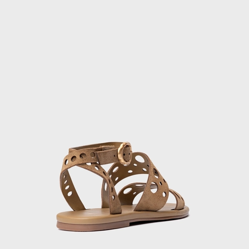 Sandália Flat Cutout Couro Suede Bege Almond