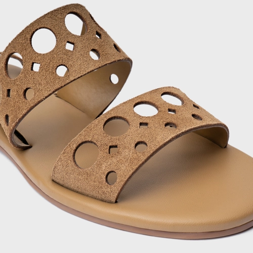 Sandália Flat Cutout Couro Suede Bege Almond