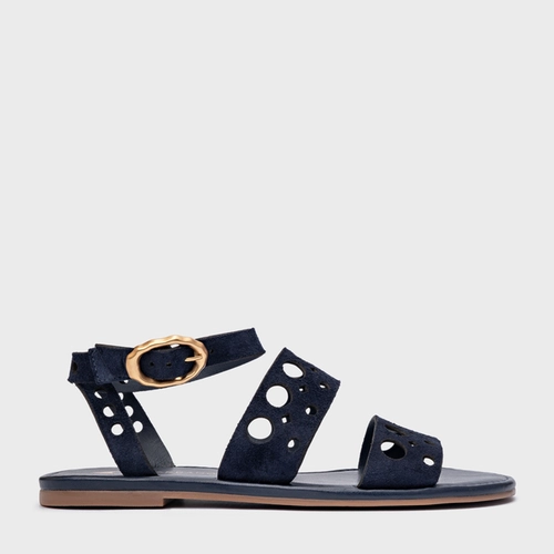 Sandália Flat Cutout Couro Suede Azul Navy