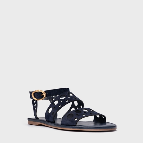 Sandália Flat Cutout Couro Suede Azul Navy
