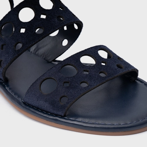 Sandália Flat Cutout Couro Suede Azul Navy