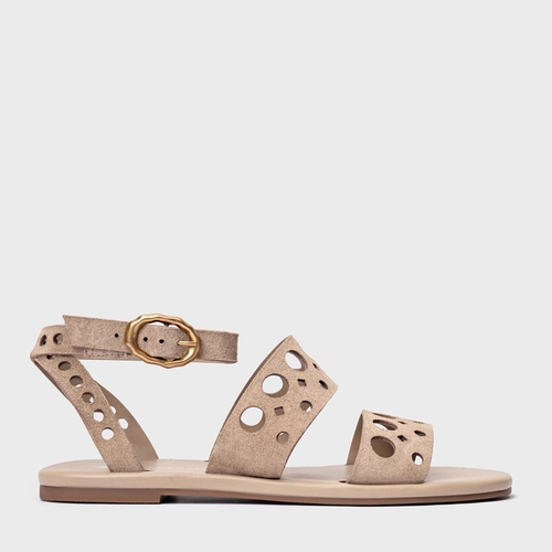 Sandália Flat Cutout Couro Suede Bege Oatmeal