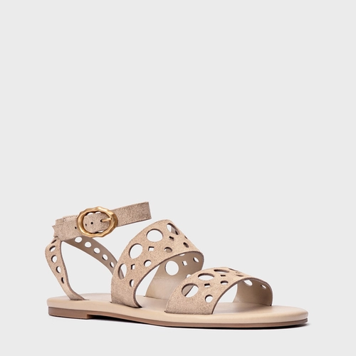 Sandália Flat Cutout Couro Suede Bege Oatmeal