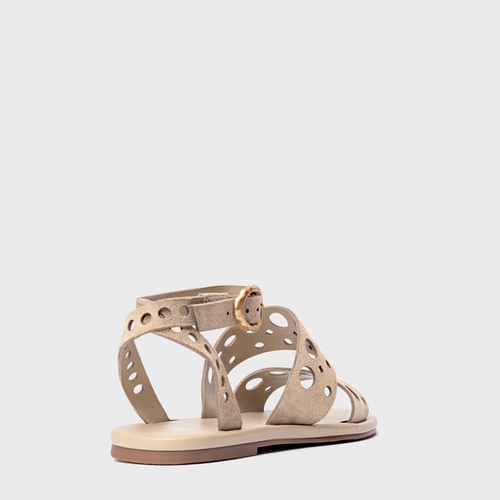 Sandália Flat Cutout Couro Suede Bege Oatmeal