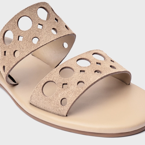 Sandália Flat Cutout Couro Suede Bege Oatmeal