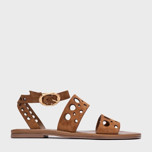Sandália Flat Cutout Couro Suede Marrom Saddle