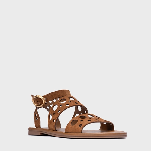 Sandália Flat Cutout Couro Suede Marrom Saddle