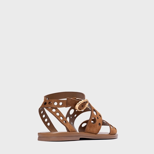 Sandália Flat Cutout Couro Suede Marrom Saddle