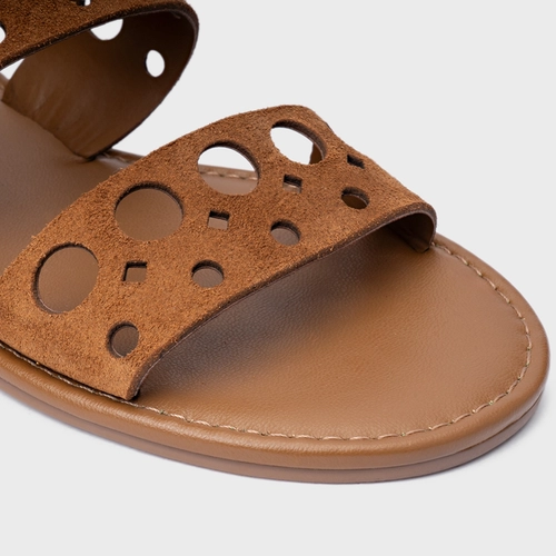 Sandália Flat Cutout Couro Suede Marrom Saddle