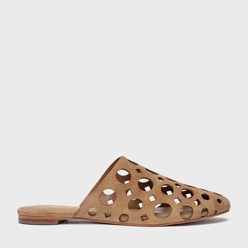 Mule Rasteira Cutout Couro Suede Bege Almond