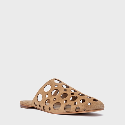 Mule Rasteira Cutout Couro Suede Bege Almond