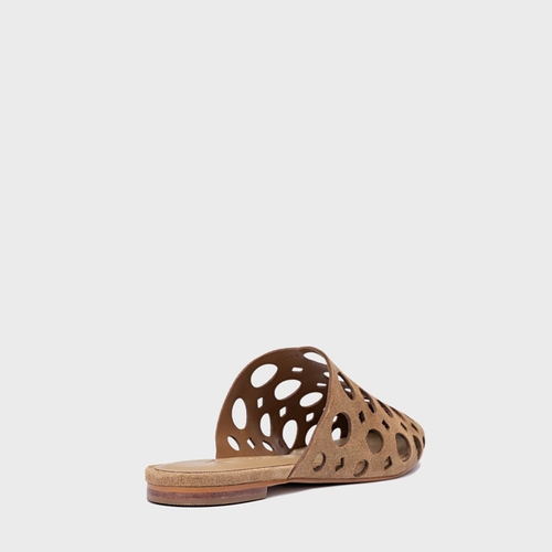 Mule Rasteira Cutout Couro Suede Bege Almond