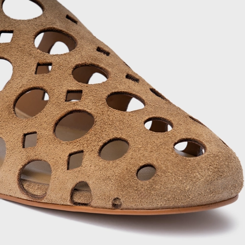 Mule Rasteira Cutout Couro Suede Bege Almond