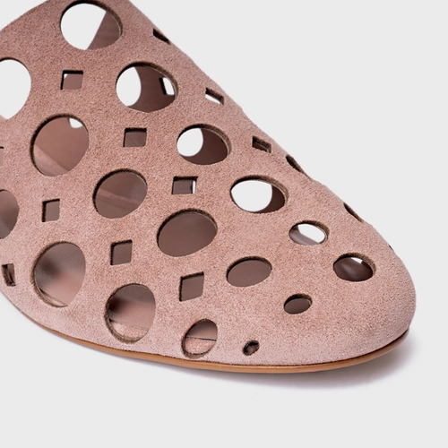 Mule Rasteira Cutout Couro Suede Rosa Ballet