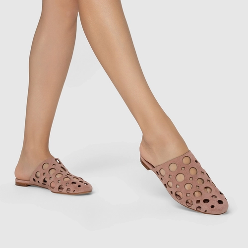 Mule Rasteira Cutout Couro Suede Rosa Ballet